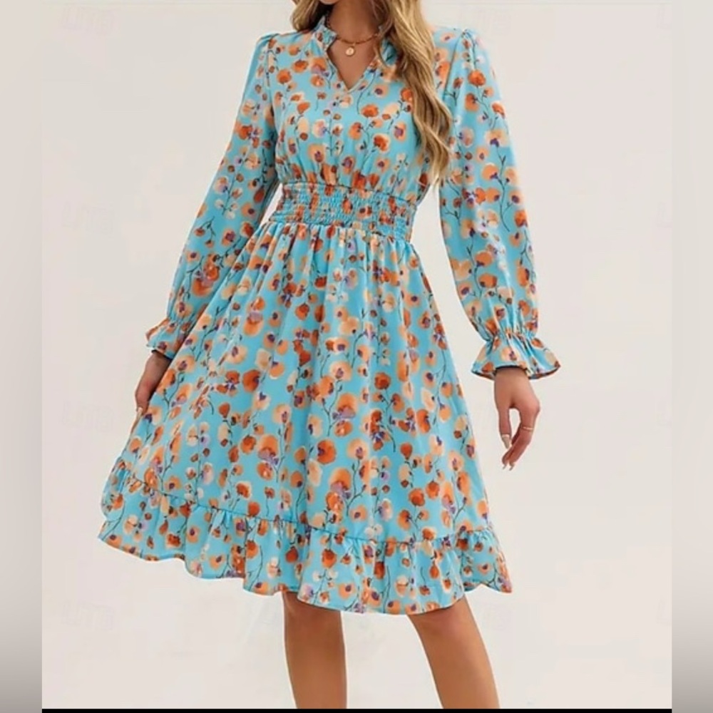 Aqua and Orange Floral Smocked Waist Long Sleeve Dress, Size XL extra large